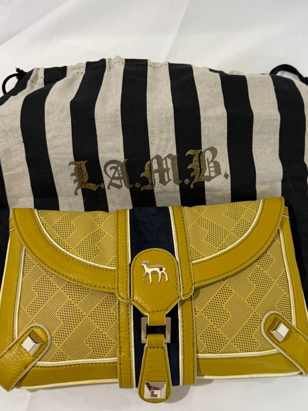 Vintage L.A.M.B. Gwen Stefani Perforated Leather Clutch with Chain Strap Mustard